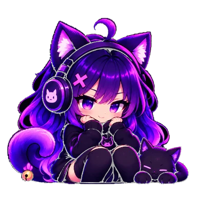 Smally: a chibi girl with purple hair, cat ears, headphones and her little black cat